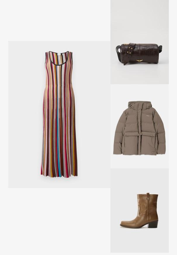 Casaco de puffer castanho com capuz, apresentando um fecho éclair frontal, dois grandes bolsos frontais e uma textura mate suave. Logótipo da marca no peito.; Vestido longo sem mangas com riscas verticais em vermelho, rosa, mostarda, castanho, azul e preto sobre um fundo claro.; Bota de tornozelo em couro castanho com bico quadrado, acabamento texturizado e salto baixo em camadas. Apresenta uma alça na parte de trás e detalhes de costura discretos.; Bolsa de couro com textura de crocodilo na cor marrom, com forma cilíndrica, metalizações em tom dourado e uma alça destacável com tachas.