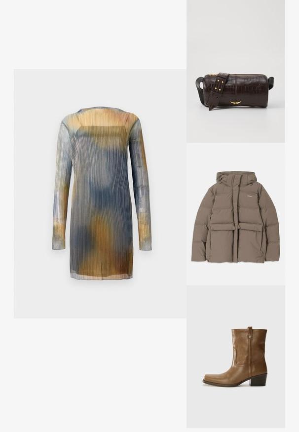 Bruine pufferjack met capuchon, voorzien van een ritssluiting aan de voorkant, twee grote voorzakken en een gladde matte textuur. Merklogo op de borst.; Transparante, geplooide jurk met lange mouwen, met een verloop van blauw, geel en bruin. Ronde halslijn; lichtgewicht, vloeiende stof.; Bruine lederen enkelboot met een vierkante neus, gestructureerde afwerking en een lage blokhak. Voorzien van een handige achterste lus en subtiele stikdetails.; Bruine krokodil-embosserende leren tas met een cilindervorm, gouden hardware en een afneembare schouderband met studs.