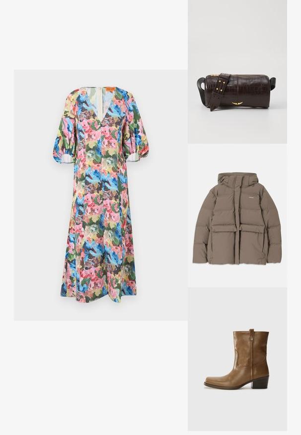 Casaco de puffer castanho com capuz, apresentando um fecho éclair frontal, dois grandes bolsos frontais e uma textura mate suave. Logótipo da marca no peito.; Vestido com padrão floral em cores vibrantes como rosa, azul e verde. Apresenta um decote em V, mangas volumosas e comprimento até ao joelho. Tecido leve.; Bota de tornozelo em couro castanho com bico quadrado, acabamento texturizado e salto baixo em camadas. Apresenta uma alça na parte de trás e detalhes de costura discretos.; Bolsa de couro com textura de crocodilo na cor marrom, com forma cilíndrica, metalizações em tom dourado e uma alça destacável com tachas.