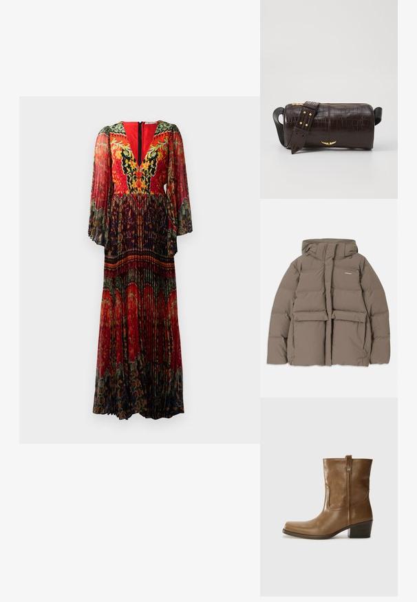 Chaqueta de abrigo marrón con capucha, que presenta un cierre frontal con cremallera, dos grandes bolsillos frontales y una textura mate suave. Logo de la marca en el pecho.; Un vestido largo y plisado con un escote en V profundo, patrones florales vibrantes en rojo y mangas de campana transparentes con un dobladillo oscuro.; Botín de cuero marrón hasta el tobillo, con punta cuadrada, acabado texturizado y un tacón bajo apilado. Presenta una pestaña trasera y detalles de costura sutiles.; Bolso de cuero marrón con estampado de cocodrilo, de forma cilíndrica, con herrajes en tono dorado y una correa desmontable con tachuelas.