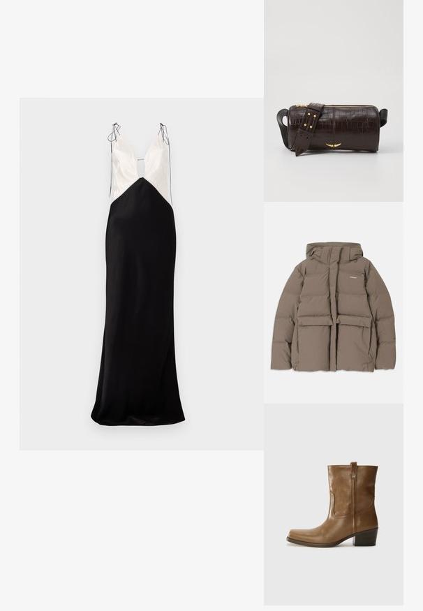 Rudas pūkinis švarkas su gaubtu, su priekiniais užtrauktukais, dviem didelėm priekinėm kišenėm ir lygiu matinio paviršiaus apdailu. Prekės ženklas ant krūtinės.; Ilgai be rankovių suknelė, turinti juodą satino sijoną ir kremine spalvos viršutinę dalį, su V formos iškirpte ir dekoratyviais rišimais ant pečių.; Rudų odinių batų iki kulkšnies su kvadratiniu pirštu, tekstūruotu paviršiumi ir žemu sluoksniuota pakulne. Yra užpakalinis kilpas ir subtilūs siuvinėjimo detalės.; Ruda krokodilo odspaudo odinė rankinė cilindro formos, su auksinėmis detalėmis ir nuimamu dirželiu, papuoštu studelėmis.