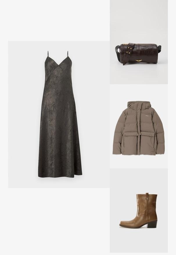 Giacca a vento marrone con cappuccio, dotata di una cerniera frontale, due grandi tasche anteriori e una texture opaca liscia. Logo del brand sul petto.; Abito lungo in satin nero plissettato con sottili spalline a spaghetti e scollo a V con pannelli incrociati sulla parte anteriore.; Stivale alla caviglia in pelle marrone con punta quadrata, finitura testurizzata e tacco basso incassato. Dotato di un pratico tassello posteriore e dettagli di cucitura sottili.; Borsa in pelle stampata a coccodrillo marrone con forma cilindrica, accessori in tonalità oro e una tracolla staccabile con borchie.