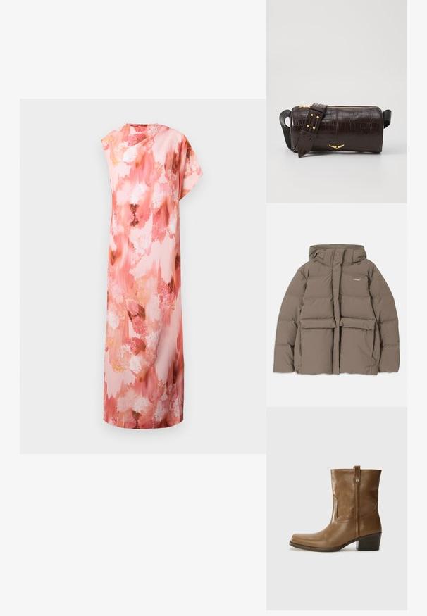 Rudas pūkinis švarkas su gaubtu, su priekiniais užtrauktukais, dviem didelėm priekinėm kišenėm ir lygiu matinio paviršiaus apdailu. Prekės ženklas ant krūtinės.; Gėlių maksi suknelė švelniai rožine ir persikų atspalvių, puikuojasi abstrakčiu akvarelės raštu, trumpomis rankovėmis ir laisvu siluetu.; Rudų odinių batų iki kulkšnies su kvadratiniu pirštu, tekstūruotu paviršiumi ir žemu sluoksniuota pakulne. Yra užpakalinis kilpas ir subtilūs siuvinėjimo detalės.; Ruda krokodilo odspaudo odinė rankinė cilindro formos, su auksinėmis detalėmis ir nuimamu dirželiu, papuoštu studelėmis.