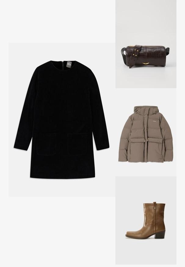 Braune Pufferjacke mit Kapuze, ausgestattet mit einem Frontreißverschluss, zwei großen Fronttaschen und einer glatten, matten Textur. Markenlogo auf der Brust.; Schwarzes Cordkleid mit langen Ärmeln, hohem Kragen und zwei vorderen Taschen. Verfügt über einen rückseitigen Reißverschluss zum Schließen und hat einen strukturierten Stoff.; Braune Leder-Ankle-Boots mit quadratischer Zehenform, strukturiertem Finish und niedrigem, gestapeltem Absatz. Ausgestattet mit einer Zuglasche auf der Rückseite und dezenten Stickdetails.; Braune, krokodilgeprägte Lederhandtasche mit zylindrischer Form, goldfarbener Hardware und einem abnehmbaren Tragegurt mit Nieten.