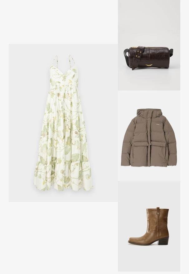 Brown puffer jacket with a hood, featuring a front zipper, two large front pockets, and a smooth matte texture. Brand logo on chest.; Maxi dress in lightweight fabric with a floral pattern in green and yellow hues, featuring a v-neckline and tiered ruffled hem.; Brown leather ankle boot with a square toe, textured finish, and a low stacked heel. Features a rear pull tab and subtle stitching details.; Brown crocodile-embossed leather bag with a cylindrical shape, gold-tone hardware, and a detachable strap featuring studs.