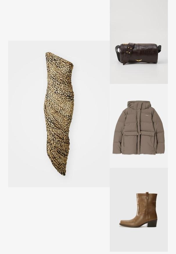 Casaco de puffer castanho com capuz, apresentando um fecho éclair frontal, dois grandes bolsos frontais e uma textura mate suave. Logótipo da marca no peito.; Vestido de um só ombro feito de tecido macio, apresentando um padrão de estampa de leopardo nas cores bege, preto e castanho, com detalhes franzidos de um lado.; Bota de tornozelo em couro castanho com bico quadrado, acabamento texturizado e salto baixo em camadas. Apresenta uma alça na parte de trás e detalhes de costura discretos.; Bolsa de couro com textura de crocodilo na cor marrom, com forma cilíndrica, metalizações em tom dourado e uma alça destacável com tachas.