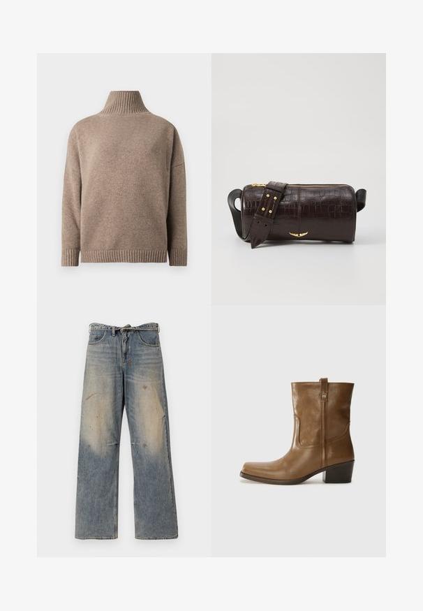Braune Pufferjacke mit Kapuze, ausgestattet mit einem Frontreißverschluss, zwei großen Fronttaschen und einer glatten, matten Textur. Markenlogo auf der Brust.; Brauner, gestrickter Rollkragenpullover mit langen Ärmeln sowie gerippten Bündchen und Saum, dargestellt vor weißem Hintergrund.; Helle blaue Denim-Jeans mit einem lockeren, geraden Schnitt. Verfügt über Ausbleichungen, Verwaschungen und abgenutzte Details an den Knien. Klassisches Fünf-Taschen-Design.; Braune Leder-Ankle-Boots mit quadratischer Zehenform, strukturiertem Finish und niedrigem, gestapeltem Absatz. Ausgestattet mit einer Zuglasche auf der Rückseite und dezenten Stickdetails.; Braune, krokodilgeprägte Lederhandtasche mit zylindrischer Form, goldfarbener Hardware und einem abnehmbaren Tragegurt mit Nieten.
