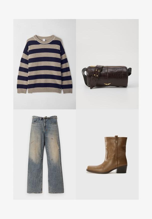 Brown puffer jacket with a hood, featuring a front zipper, two large front pockets, and a smooth matte texture. Brand logo on chest.; Striped sweater in beige and navy, made from soft material. Features a crew neck, dropped shoulders, and ribbed cuffs and hem.; Light blue denim jeans with a loose, straight-leg design. Features whiskering, fading, and distressed details near knees. Classic five-pocket style.; Brown leather ankle boot with a square toe, textured finish, and a low stacked heel. Features a rear pull tab and subtle stitching details.; Brown crocodile-embossed leather bag with a cylindrical shape, gold-tone hardware, and a detachable strap featuring studs.