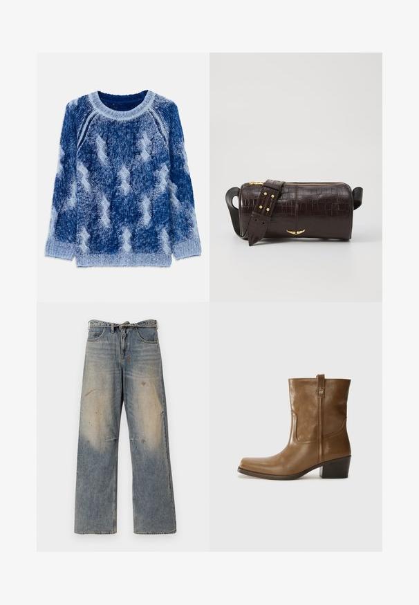 Brązowa kurtka puchowa z kapturem, z przednim zamkiem błyskawicznym, dwiema dużymi kieszeniami z przodu oraz gładką matową powierzchnią. Logo marki na klatce piersiowej.; Sweter z dzianiny w różnych odcieniach niebieskiego z uniesionym wzorem diamentów, okrągłym dekoltem i długimi rękawami, wykonany z miękkiego materiału przędzy.; Jasnoniebieskie dżinsy z luźnym krojem prostym. Posiadają efekty przetarć, blaknięcia oraz postrzępienia w okolicy kolan. Klasyczny pięciopocketowy styl.; Brązowy skórzany botek za kostkę z kwadratowym noskiem, teksturowanym wykończeniem i niskim, zakrytym obcasem. Posiada tylną pętelkę do zakładania oraz subtelne detale przeszycia.; Brązowa torba ze skóry z tłoczeniem krokodyla w kształcie cylindrycznym, z metalowymi elementami w kolorze złotym oraz odczepianym paskiem z ćwiekami.