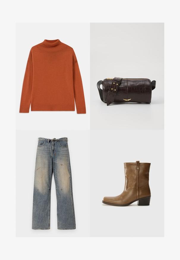 Veste en duvet marron avec capuche, dotée d'une fermeture éclair sur le devant, de deux grandes poches avant et d'une texture mate lisse. Logo de la marque sur la poitrine.; Pull à col roulé en orange brûlé, fabriqué en tricot doux. Caractéristiques : col et ourlet côtelés, silhouette décontractée et manches longues.; Jean en denim bleu clair avec une coupe ample et droite. Caractéristiques de décoloration, d'effilochage et de détails usés près des genoux. Style classique à cinq poches.; Bottine en cuir marron avec un orteil carré, une finition texturée et un petit talon empilé. Présente une languette à l'arrière et des détails de couture subtils.; Sac en cuir embossé crocodile marron avec une forme cylindrique, quincaillerie dorée et une bandoulière détachable ornée de clous.