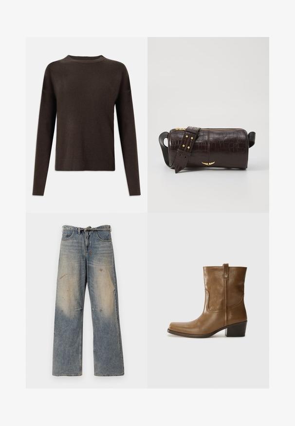 Bruine pufferjack met capuchon, voorzien van een ritssluiting aan de voorkant, twee grote voorzakken en een gladde matte textuur. Merklogo op de borst.; Donkerbruine lange mouwen gebreide trui met ronde hals en geribbelde manchetten en zoom, weergegeven op een effen witte achtergrond.; Lichtblauwe denim jeans met een losse, recht gesneden pasvorm. Voorzien van slijtageplekken, vervaging en distressed details bij de knieën. Klassiek five-pocket ontwerp.; Bruine lederen enkelboot met een vierkante neus, gestructureerde afwerking en een lage blokhak. Voorzien van een handige achterste lus en subtiele stikdetails.; Bruine krokodil-embosserende leren tas met een cilindervorm, gouden hardware en een afneembare schouderband met studs.