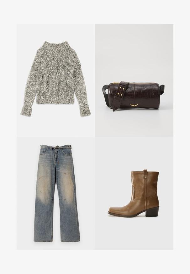 Brown puffer jacket with a hood, featuring a front zipper, two large front pockets, and a smooth matte texture. Brand logo on chest.; Chunky knit sweater in cream and grey hues. Features a wide ribbed collar and cuffs, with a boxy shape and textured pattern throughout.; Light blue denim jeans with a loose, straight-leg design. Features whiskering, fading, and distressed details near knees. Classic five-pocket style.; Brown leather ankle boot with a square toe, textured finish, and a low stacked heel. Features a rear pull tab and subtle stitching details.; Brown crocodile-embossed leather bag with a cylindrical shape, gold-tone hardware, and a detachable strap featuring studs.
