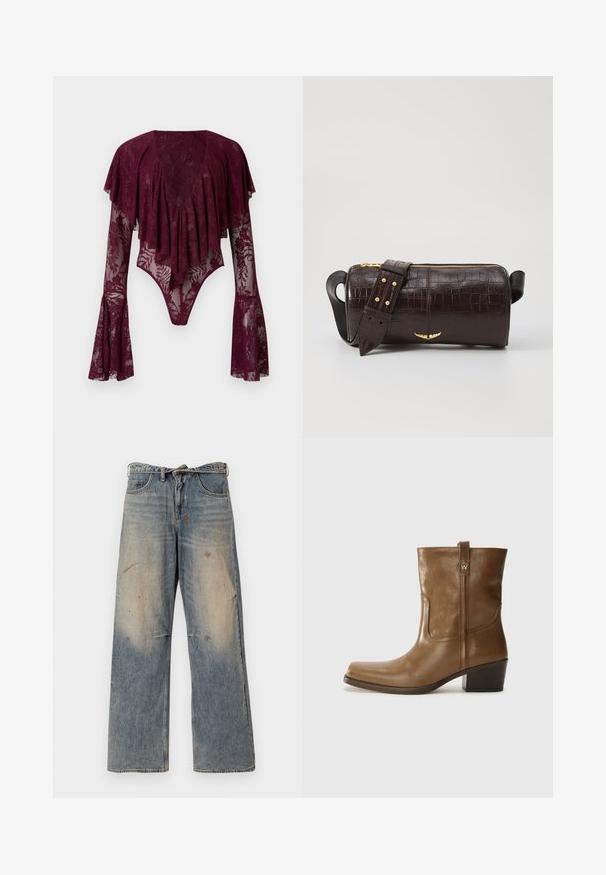 Hnědá pufovaná bunda s kapucí, se zipem vpředu, dvěma velkými předními kapsami a hladkým matným povrchem. Logo značky na hrudi.; Korzetové body v barvě burgundské s krajkou a volánkovými rukávy, zdobené květinovými vzory, hlubokým výstřihem a průsvitnou texturou. Na spodní straně zapínání na cvoky.; Světle modré džíny vyrobené z denimu s volným, rovně střiženým designem. Obsahují efekt blednutí, opotřebování a poškozené detaily v oblasti kolen. Klasický pětigrecký styl.; Hnědé kožené kotníkové boty se čtveratou špičkou, texturovaným povrchem a nízkým zvýšeným podpatkem. Mají zadní poutko na obouvání a jemné prošívání.; Hnědá kabelka z krokodýlí kůže s embosováním, cylindrického tvaru, se zlacenými kovovými prvky a odnímatelným popruhem se hroty.