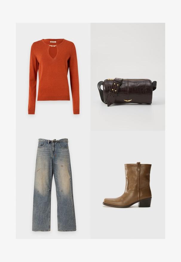 Brown puffer jacket with a hood, featuring a front zipper, two large front pockets, and a smooth matte texture. Brand logo on chest.; Rust-colored sweater with long sleeves, a rounded neckline featuring a keyhole cutout, and ribbed cuffs and hem. Soft knit texture.; Light blue denim jeans with a loose, straight-leg design. Features whiskering, fading, and distressed details near knees. Classic five-pocket style.; Brown leather ankle boot with a square toe, textured finish, and a low stacked heel. Features a rear pull tab and subtle stitching details.; Brown crocodile-embossed leather bag with a cylindrical shape, gold-tone hardware, and a detachable strap featuring studs.