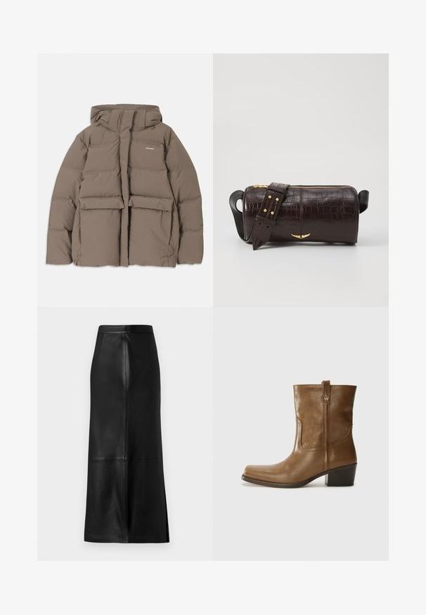 Veste en duvet marron avec capuche, dotée d'une fermeture éclair sur le devant, de deux grandes poches avant et d'une texture mate lisse. Logo de la marque sur la poitrine.; Haut à manches longues, beige clair avec un col rond. Fait dans un tissu doux, il présente une couture centrale et un ourlet légèrement courbé. Pas de métal visible.; Jupe en cuir noir avec une silhouette droite, dotée d'une fente arrière, d'une texture lisse et de détails de couture visibles.; Bottine en cuir marron avec un orteil carré, une finition texturée et un petit talon empilé. Présente une languette à l'arrière et des détails de couture subtils.; Sac en cuir embossé crocodile marron avec une forme cylindrique, quincaillerie dorée et une bandoulière détachable ornée de clous.