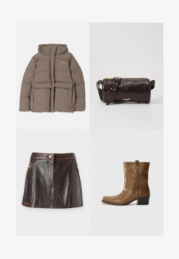 Brun oppustelig jakke med hætte, der har en frontlynlås, to store frontlommer og en glat, mat tekstur. Brandlogo på brystet.; Langærmet, lys beige top med rund halsudskæring. Lavet af blødt stof, har en central søm og let buet kant. Der er ingen synlige metaldele.; Brun læder mini-nederdel med et strømlinet design, to lynlåslommer i siden og kontrasterende syninger langs kanterne.; Brun læder ankelstøvle med firkantet tå, tekstureret overflade og en lav stablet hæl. Har en bageste hælflap og subtile syningsdetaljer.; Brun krokodilleder taske med cylindrisk form, hardware i guld-tone, og en aftagelig rem med nitter.