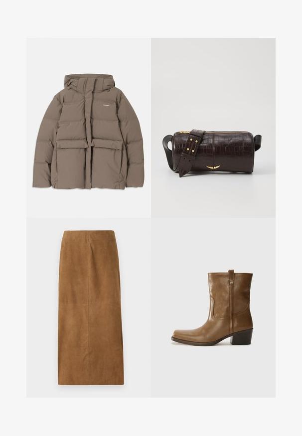 Veste en duvet marron avec capuche, dotée d'une fermeture éclair sur le devant, de deux grandes poches avant et d'une texture mate lisse. Logo de la marque sur la poitrine.; Haut à manches longues, beige clair avec un col rond. Fait dans un tissu doux, il présente une couture centrale et un ourlet légèrement courbé. Pas de métal visible.; Jupe midi en daim marron avec une coupe droite, texture lisse et coutures propres. Ne présente aucun système de fermeture visible ni accents supplémentaires.; Bottine en cuir marron avec un orteil carré, une finition texturée et un petit talon empilé. Présente une languette à l'arrière et des détails de couture subtils.; Sac en cuir embossé crocodile marron avec une forme cylindrique, quincaillerie dorée et une bandoulière détachable ornée de clous.