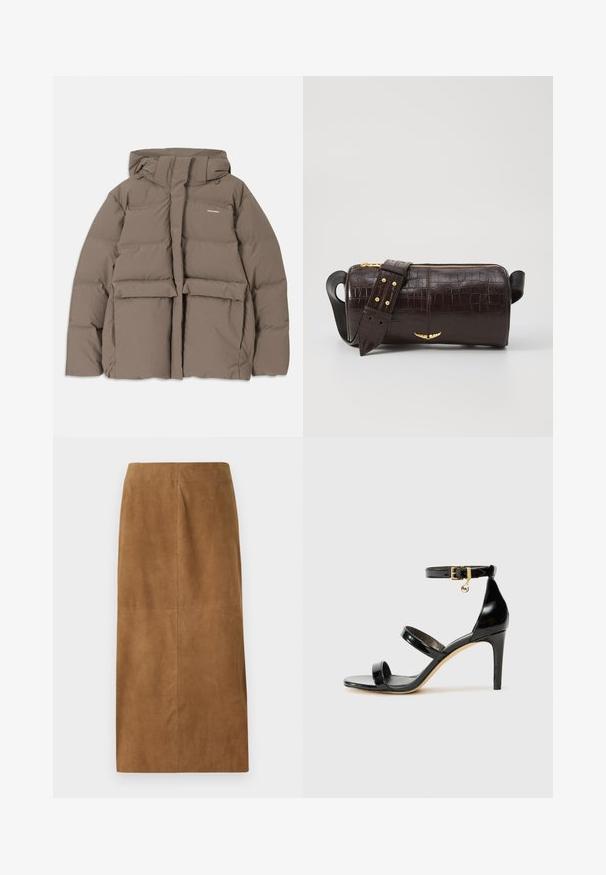 Braune Pufferjacke mit Kapuze, ausgestattet mit einem Frontreißverschluss, zwei großen Fronttaschen und einer glatten, matten Textur. Markenlogo auf der Brust.; Langärmliges, hellbeiges Oberteil mit rundem Ausschnitt. Aus weichem Stoff gefertigt, verfügt es über eine zentrale Naht und einen leicht geschwungenen Saum. Keine sichtbaren Beschläge.; Brauner Wildleder-Midirock mit geradem Schnitt, glatter Textur und sauberen Nähten. Hat keine sichtbaren Verschlüsse oder zusätzlichen Akzente.; Schwarze Lackleder-Sandale mit drei Riemen, Knöchelriemen und 10 cm hohen Stiletto-Absatz. Verfügt über goldfarbene Hardware-Details und ein Logo-Charm.; Braune, krokodilgeprägte Lederhandtasche mit zylindrischer Form, goldfarbener Hardware und einem abnehmbaren Tragegurt mit Nieten.