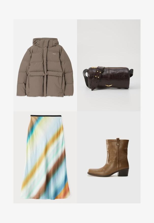 Brūna pūkainā jaka ar kapuci, ar priekšējo rāvējslēdzēju, divām lielām priekšējām kabatām un gludu matētu tekstūru. Zīmola logo uz krūškurvja.; Ilgi piedurkņu, gaiši bēšas krāsas blūze ar apaļu dekoltē. Izgatavota no mīksta auduma, ar centrālo šuvi un nedaudz izliekta apakšmala. Nav redzamu papildus elementu.; Midi svārki iz gaismas, plūstoša auduma. Ar gradienta rakstu, kas sastāv no diagonālām svītrām zilā, brūnā un krēmkrāsā. Melna josta.; Brūnas ādas potītes zābaki ar kvadrātveida degunu, struktūru apdari un zemu sakrautu papēdi. Ir aizmugurējais cilpiņu un smalkas šūšanas detaļas.; Brūna krokodila ādas soma ar cilindrisku formu, zelta toni aparatūru un noņemamu siksnu ar studiem.