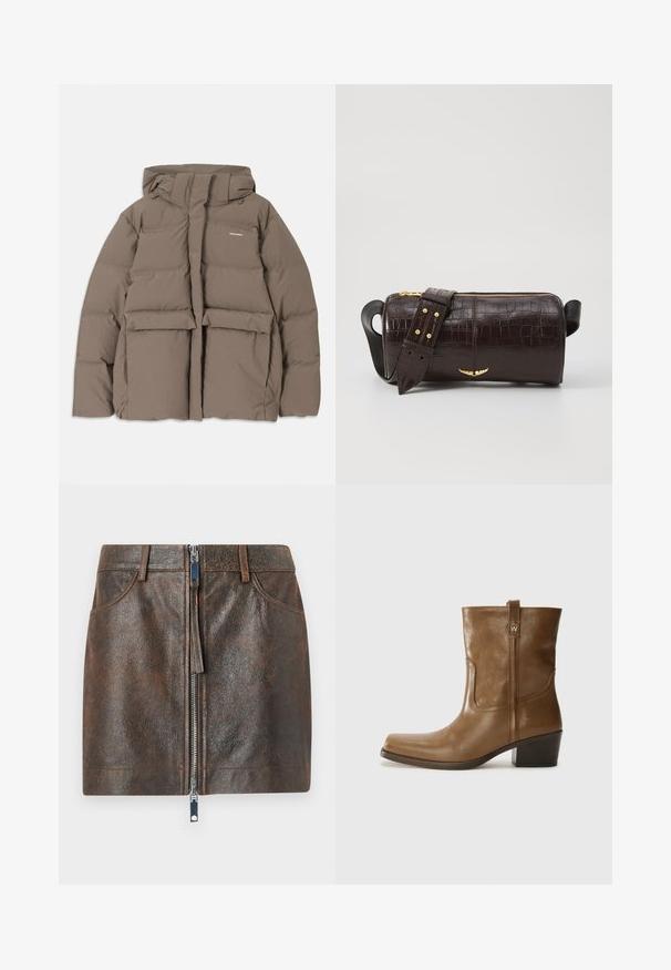 Rudas pūkinis švarkas su gaubtu, su priekiniais užtrauktukais, dviem didelėm priekinėm kišenėm ir lygiu matinio paviršiaus apdailu. Prekės ženklas ant krūtinės.; Ilgesnių rankovių, šviesiai bežinis viršus su apvaliu iškirpimu. Pagamintas iš minkštos medžiagos, turi centrinę siūlę ir šiek tiek kreivą apatinių kraštų liniją. Matomų detalių nėra.; Ruda odinė mini sijonas su blizgiu užtrauktuku priekyje, dviem šoninėmis kišenėmis ir tekstūruota paviršiumi. Yra prigludusios formos ir standartinė juosmens juosta.; Rudų odinių batų iki kulkšnies su kvadratiniu pirštu, tekstūruotu paviršiumi ir žemu sluoksniuota pakulne. Yra užpakalinis kilpas ir subtilūs siuvinėjimo detalės.; Ruda krokodilo odspaudo odinė rankinė cilindro formos, su auksinėmis detalėmis ir nuimamu dirželiu, papuoštu studelėmis.