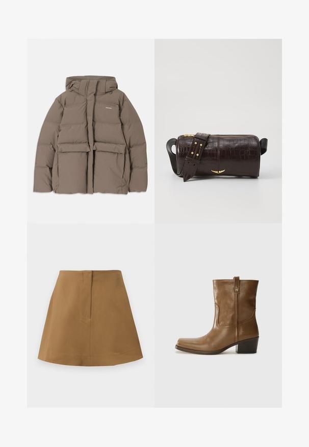 pruun puffer-jakk, millel on kapuuts, esi tõmblukk, kaks suurt eesmist taskut ja sile mati tekstuur. Brändi logo rinnal.; Pikkade varrukatega helesinine topp ümmarguse kaelusega. Valmistatud pehmest kangast, sisaldab keskset õmblust ja kergelt kaardus serva. Ei ole nähtavat riistvara.; Pruun seelik, millel on laienev siluett, valmistatud siledast kangast. Omab lihtsat vöökohanda ja tagumist õmbluse detaili.; Pruun nahkne ankle boot ruudukujulise varbaga, tekstuuriga viimistluse ja madala virnastatud kontsaga. Sisaldab taga tõmbeaasat ja peeneid õmbluse detaile.; Pruunist krokodillimustrist nahast kott, millel on silindri kuju, kuldse tooni metalldetailid ja eemaldatav rihm, kus on nupud.