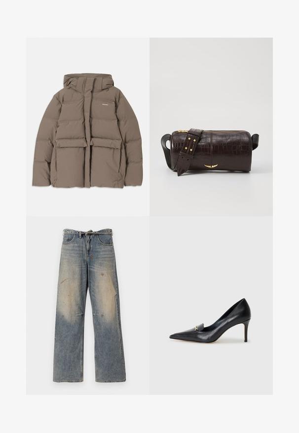 Braune Pufferjacke mit Kapuze, ausgestattet mit einem Frontreißverschluss, zwei großen Fronttaschen und einer glatten, matten Textur. Markenlogo auf der Brust.; Langärmliges, hellbeiges Oberteil mit rundem Ausschnitt. Aus weichem Stoff gefertigt, verfügt es über eine zentrale Naht und einen leicht geschwungenen Saum. Keine sichtbaren Beschläge.; Helle blaue Denim-Jeans mit einem lockeren, geraden Schnitt. Verfügt über Ausbleichungen, Verwaschungen und abgenutzte Details an den Knien. Klassisches Fünf-Taschen-Design.; Schwarzer Lederpumps mit spitzer Zehe, niedrigem Vamp und dekorativem goldenen Akzent. Verfügt über einen Stiletto-Absatz und eine glatte Textur.; Braune, krokodilgeprägte Lederhandtasche mit zylindrischer Form, goldfarbener Hardware und einem abnehmbaren Tragegurt mit Nieten.