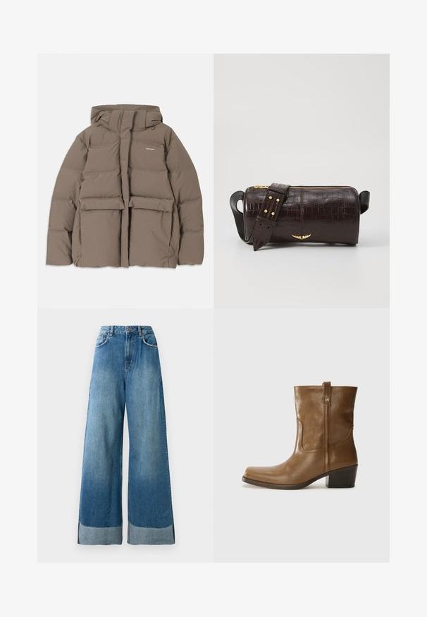 Veste en duvet marron avec capuche, dotée d'une fermeture éclair sur le devant, de deux grandes poches avant et d'une texture mate lisse. Logo de la marque sur la poitrine.; Haut à manches longues, beige clair avec un col rond. Fait dans un tissu doux, il présente une couture centrale et un ourlet légèrement courbé. Pas de métal visible.; Jeans en denim bleu à taille haute et jambes larges avec poches avant, fermeture à bouton, et détails de l'ourlet en décoloration visible.; Bottine en cuir marron avec un orteil carré, une finition texturée et un petit talon empilé. Présente une languette à l'arrière et des détails de couture subtils.; Sac en cuir embossé crocodile marron avec une forme cylindrique, quincaillerie dorée et une bandoulière détachable ornée de clous.
