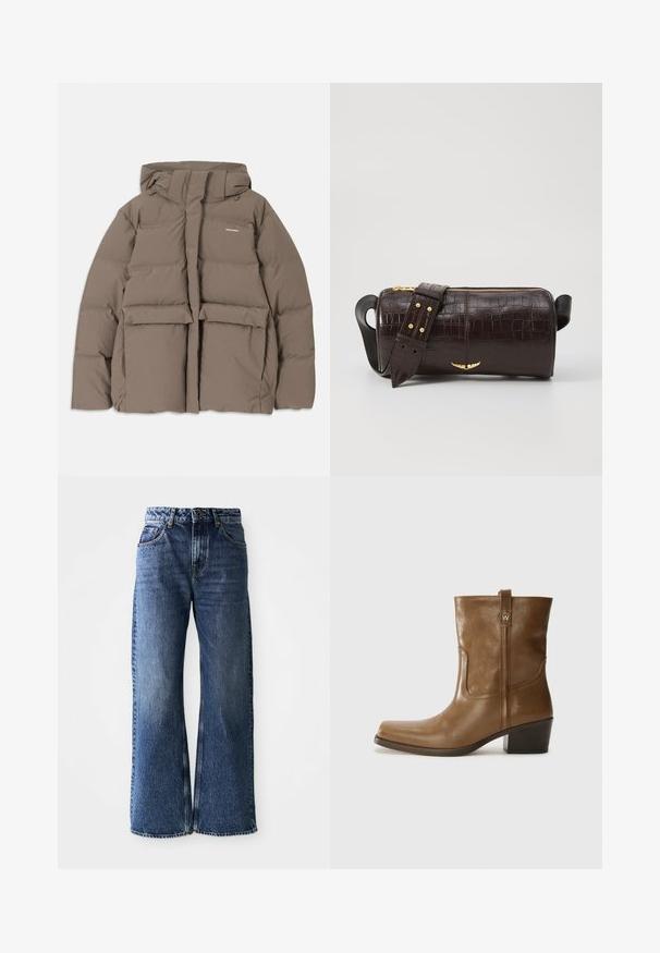 Brūna pūkainā jaka ar kapuci, ar priekšējo rāvējslēdzēju, divām lielām priekšējām kabatām un gludu matētu tekstūru. Zīmola logo uz krūškurvja.; Ilgi piedurkņu, gaiši bēšas krāsas blūze ar apaļu dekoltē. Izgatavota no mīksta auduma, ar centrālo šuvi un nedaudz izliekta apakšmala. Nav redzamu papildus elementu.; Plaša piegriezuma zilas džinsos ar augstu jostasvietu. Iezīmē klasisko piecu kabatu dizainu, kontrastējošu šuvju un nedaudz izbalējušu apdari.; Brūnas ādas potītes zābaki ar kvadrātveida degunu, struktūru apdari un zemu sakrautu papēdi. Ir aizmugurējais cilpiņu un smalkas šūšanas detaļas.; Brūna krokodila ādas soma ar cilindrisku formu, zelta toni aparatūru un noņemamu siksnu ar studiem.