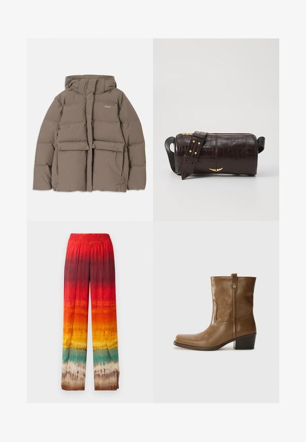 Brun oppustelig jakke med hætte, der har en frontlynlås, to store frontlommer og en glat, mat tekstur. Brandlogo på brystet.; Langærmet, lys beige top med rund halsudskæring. Lavet af blødt stof, har en central søm og let buet kant. Der er ingen synlige metaldele.; Bredde bukser med et gradientdesign i rød, orange, gul og grøn. Fremstillet af et glat, let stof med en elastisk talje.; Brun læder ankelstøvle med firkantet tå, tekstureret overflade og en lav stablet hæl. Har en bageste hælflap og subtile syningsdetaljer.; Brun krokodilleder taske med cylindrisk form, hardware i guld-tone, og en aftagelig rem med nitter.