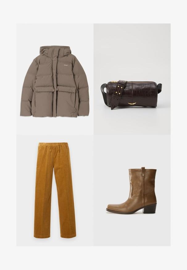 Veste en duvet marron avec capuche, dotée d'une fermeture éclair sur le devant, de deux grandes poches avant et d'une texture mate lisse. Logo de la marque sur la poitrine.; Haut à manches longues, beige clair avec un col rond. Fait dans un tissu doux, il présente une couture centrale et un ourlet légèrement courbé. Pas de métal visible.; Pantalons en velours côtelé à taille élastique et jambe droite, de couleur brun moutarde, présentés sur un fond blanc uni.; Bottine en cuir marron avec un orteil carré, une finition texturée et un petit talon empilé. Présente une languette à l'arrière et des détails de couture subtils.; Sac en cuir embossé crocodile marron avec une forme cylindrique, quincaillerie dorée et une bandoulière détachable ornée de clous.