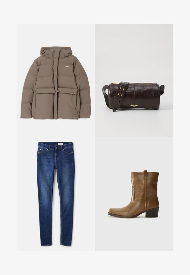 Casaco de puffer castanho com capuz, apresentando um fecho éclair frontal, dois grandes bolsos frontais e uma textura mate suave. Logótipo da marca no peito.; Camisola de mangas longas, bege claro, com decote redondo. Feita de um tecido macio, apresenta uma costura central e uma bainha ligeiramente curva. Sem ferragens visíveis.; Jeans de denim azul-escuro com um corte slim, cinco bolsos e detalhes de costura subtil. Textura suave com um design clássico de perna reta.; Bota de tornozelo em couro castanho com bico quadrado, acabamento texturizado e salto baixo em camadas. Apresenta uma alça na parte de trás e detalhes de costura discretos.; Bolsa de couro com textura de crocodilo na cor marrom, com forma cilíndrica, metalizações em tom dourado e uma alça destacável com tachas.