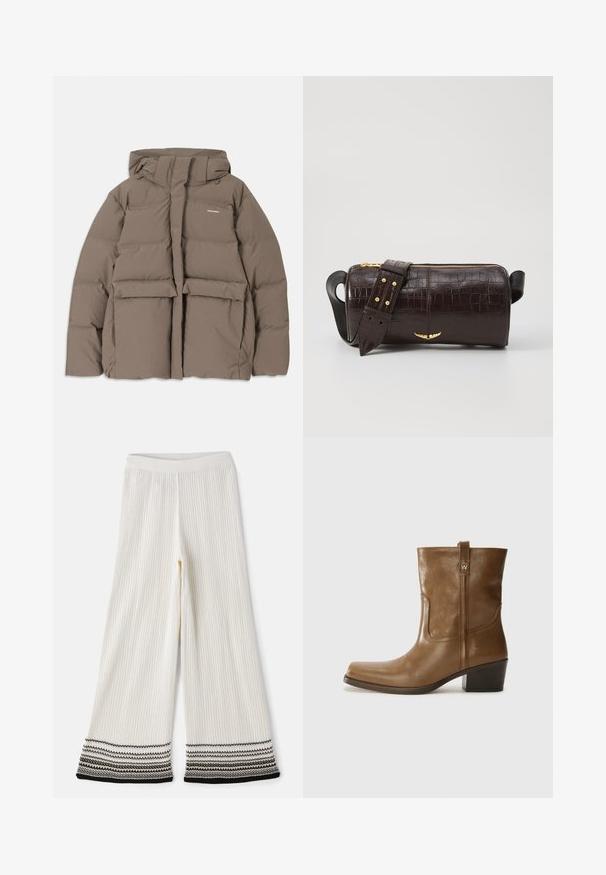 Ruske puffer jakna z kapuco, ki ima sprednji zadrgo, dva velika sprednja žepa in gladko mat teksturo. Logotip blagovne znamke na prsih.; Pitkähihainen, vaaleanbeige paita, jossa on pyöreä kaula-aukko. Valmistettu pehmeästä kankaasta, jossa on keskeinen sauma ja hieman kaareva helma. Ei näkyvää metalliosaa.; Kermavan vaaleat leveälahkeiset housut, joissa on teksturoitu viimeistely. Helmoissa on kerroksittain mustia ja valkoisia raitoja. Jumppahousuissa on joustava vyötärö mukavaa istuvuutta varten.; Ruske nahkasaappaat nilkkamittaisella leikkauksella, neliönmuotoisella kärjellä, teksturoidulla pinnalla ja alhaisella pinottavalla korolla. Varustettu takana olevan vetotarran ja huomaamattomilla ompeleilla.; Ruskea krokotiilinkuosilla varustettu nahkalaukku, jossa on sylinterimäinen muoto, kultasävyiset yksityiskohdat ja irrotettava hihna, jossa on niittejä.