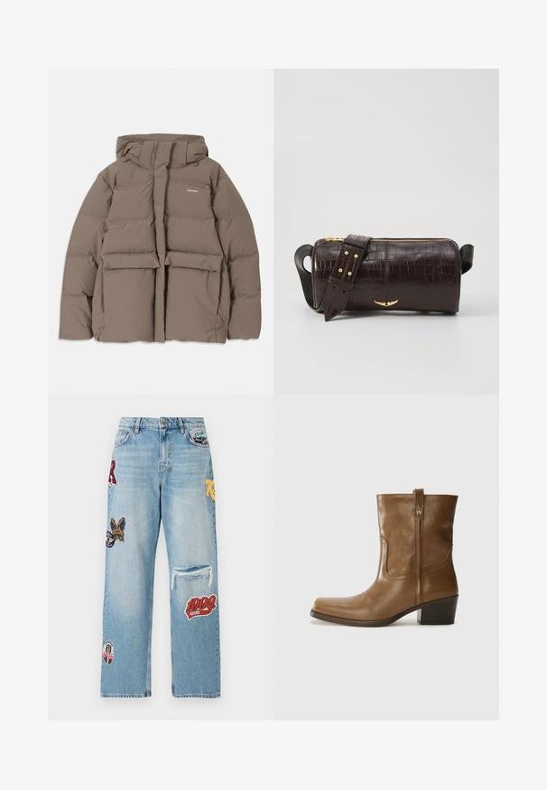 Rudas pūkinis švarkas su gaubtu, su priekiniais užtrauktukais, dviem didelėm priekinėm kišenėm ir lygiu matinio paviršiaus apdailu. Prekės ženklas ant krūtinės.; Ilgesnių rankovių, šviesiai bežinis viršus su apvaliu iškirpimu. Pagamintas iš minkštos medžiagos, turi centrinę siūlę ir šiek tiek kreivą apatinių kraštų liniją. Matomų detalių nėra.; Šviesiai mėlyni džinsai su įvairiais pleistrais, apgadintu keliu ir plačiais džinsais. Išskirtinės spalvos: raudona, geltona ir juoda.; Rudų odinių batų iki kulkšnies su kvadratiniu pirštu, tekstūruotu paviršiumi ir žemu sluoksniuota pakulne. Yra užpakalinis kilpas ir subtilūs siuvinėjimo detalės.; Ruda krokodilo odspaudo odinė rankinė cilindro formos, su auksinėmis detalėmis ir nuimamu dirželiu, papuoštu studelėmis.