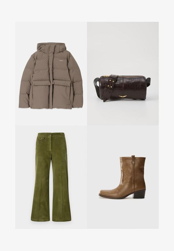 Rjava pihasta jakna s kapuco, ki ima sprednji zadrgo, dva velika sprednja žepa in gladko mat teksturo. Blagovna znamka je na prsih.; Dolga majica v svetlo bež barvi s okroglim izrezom. Narejena iz mehkega materiala, ima osrednji šiv in rahlo ukrivljen rob. Ni vidnih elementov.; Olivno zeleni kord flared hlače z gladko teksturo, sprednjimi žepi in sprednjim gumbom. Navpični rebrasti vzorec po celotni dolžini.; Rjave usnjene gležnjarje s kvadratnim nosom, teksturirano površino in nizko kvadratno peto. Imajo zadnji trak za enostavno obuvanje in subtilne šivane detajle.; Brah blaženka iz rjavega usnja z embosiranim krokodilom, cilindrične oblike, zlatih kovinskih elementov in odstranljivim pasom, ki vsebuje žebljičke.