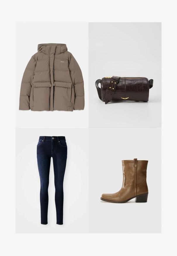 Barna puffermellény kapucnival, elülső cipzárral, két nagy elülső zsebével és sima matt felületével. Márkalogó a mellen.; Hosszú ujjú, világos bézs blúz kerek nyakkivágással. Puha anyagból készült, középső varrással és enyhén ívelt szegéllyel rendelkezik. Nincs rajta látható fémrész.; Sötétkék, skinny fazonú farmernadrág, magas derekú, öt zsebes kialakítással, valamint díszvarrással a zsebek és a derékpánt körül.; Barna bőrből készült bokacsizma négyzet alakú orral, texturált felülettel és alacsony, rakott sarkával. Hátsó húzófüllel és finom varrási részletekkel rendelkezik.; Barna krokodilbőr hatású bőr táska henger alakú, arany tónusú fémveretekkel és lecsatolható, szegecsekkel díszített pánttal.