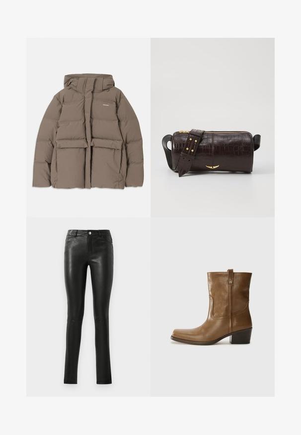 pruun puffer-jakk, millel on kapuuts, esi tõmblukk, kaks suurt eesmist taskut ja sile mati tekstuur. Brändi logo rinnal.; Pikkade varrukatega helesinine topp ümmarguse kaelusega. Valmistatud pehmest kangast, sisaldab keskset õmblust ja kergelt kaardus serva. Ei ole nähtavat riistvara.; Mustad nahkpüksid, millel on sobiv disain, sile tekstuur, keskmise kõrgusega vöökoht ja peened õmbluse detailid. Küljes on ees taskud ja metallist nupp.; Pruun nahkne ankle boot ruudukujulise varbaga, tekstuuriga viimistluse ja madala virnastatud kontsaga. Sisaldab taga tõmbeaasat ja peeneid õmbluse detaile.; Pruunist krokodillimustrist nahast kott, millel on silindri kuju, kuldse tooni metalldetailid ja eemaldatav rihm, kus on nupud.