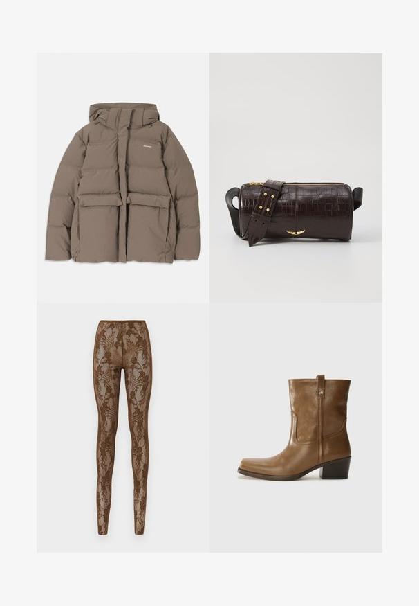 Barna puffermellény kapucnival, elülső cipzárral, két nagy elülső zsebével és sima matt felületével. Márkalogó a mellen.; Hosszú ujjú, világos bézs blúz kerek nyakkivágással. Puha anyagból készült, középső varrással és enyhén ívelt szegéllyel rendelkezik. Nincs rajta látható fémrész.; Barna csipkés leggings virágmintával, átlátszó textúrával és testre simuló kialakítással. Magas derék a szoros illeszkedésért, sima varrásokkal.; Barna bőrből készült bokacsizma négyzet alakú orral, texturált felülettel és alacsony, rakott sarkával. Hátsó húzófüllel és finom varrási részletekkel rendelkezik.; Barna krokodilbőr hatású bőr táska henger alakú, arany tónusú fémveretekkel és lecsatolható, szegecsekkel díszített pánttal.