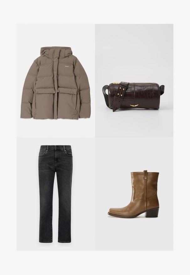Brun puffjacka med huva, med dragkedja framtill, två stora frontfickor och en slät matt yta. Varumärkeslogotyp på bröstet.; Långärmad, ljusbeige topp med rund halsringning. Tillverkad i mjukt material, har en central söm och något rundad nederkant. Inga synliga detaljer.; Svarta jeans för män med rak passform och blekta detaljer, med framknäppning och fem fickor, på vit bakgrund.; Brun läderankelsk boot med fyrkantig tå, texturerad yta och låg staplad klack. Har en bakre dragflik och subtila sömnadsdetaljer.; Brun kroko präglat läderväska med cylindrisk form, guldfärgad hårdvara och ett avtagbart band med nitar.