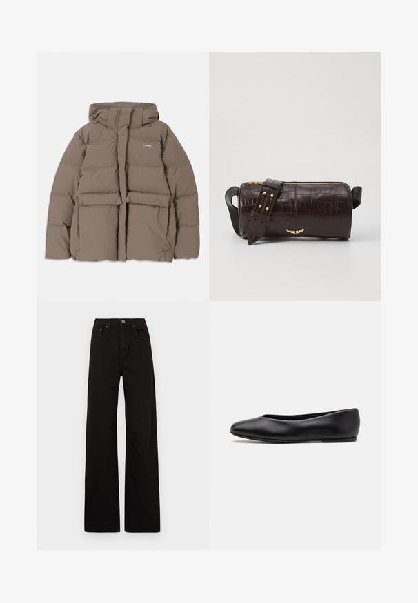 Chaqueta de abrigo marrón con capucha, que presenta un cierre frontal con cremallera, dos grandes bolsillos frontales y una textura mate suave. Logo de la marca en el pecho.; Top de manga larga, color beige claro, con cuello redondo. Fabricado en un tejido suave, presenta una costura central y un dobladillo ligeramente curvado. Sin herrajes visibles.; Jeans negros de pierna ancha hechos de una tela resistente. Presentan un cierre frontal con botón, trabillas para cinturón y dos bolsillos frontales. Textura suave y uniforme.; Paul Smith TOPANGA - Bailarinas - black; Bolso de cuero marrón con estampado de cocodrilo, de forma cilíndrica, con herrajes en tono dorado y una correa desmontable con tachuelas.