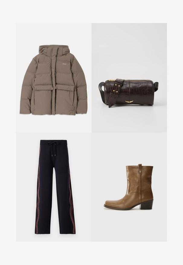 Brown puffer jacket with a hood, featuring a front zipper, two large front pockets, and a smooth matte texture. Brand logo on chest.; Long-sleeve, light beige top with a round neckline. Made of soft fabric, features a central seam and slightly curved hem. No visible hardware.; Black wide-leg pants with a soft texture, featuring multicolored decorative stitching along the side and an adjustable drawstring waist.; Brown leather ankle boot with a square toe, textured finish, and a low stacked heel. Features a rear pull tab and subtle stitching details.; Brown crocodile-embossed leather bag with a cylindrical shape, gold-tone hardware, and a detachable strap featuring studs.