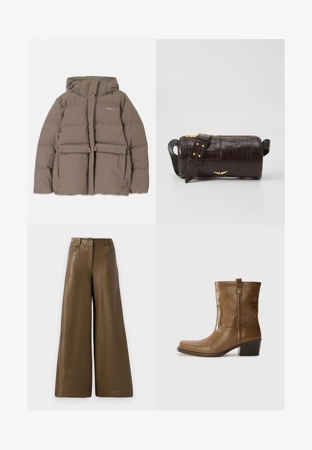 Casaco de puffer castanho com capuz, apresentando um fecho éclair frontal, dois grandes bolsos frontais e uma textura mate suave. Logótipo da marca no peito.; Camisola de mangas longas, bege claro, com decote redondo. Feita de um tecido macio, apresenta uma costura central e uma bainha ligeiramente curva. Sem ferragens visíveis.; Calças de perna larga feitas de imitação de pele castanha e lisa. Apresenta uma cintura alta, quatro bolsos e um fecho de correr à frente. Textura lisa e design minimalista.; Bota de tornozelo em couro castanho com bico quadrado, acabamento texturizado e salto baixo em camadas. Apresenta uma alça na parte de trás e detalhes de costura discretos.; Bolsa de couro com textura de crocodilo na cor marrom, com forma cilíndrica, metalizações em tom dourado e uma alça destacável com tachas.