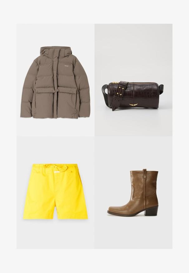 Brun puffjacka med huva, med dragkedja framtill, två stora frontfickor och en slät matt yta. Varumärkeslogotyp på bröstet.; Långärmad, ljusbeige topp med rund halsringning. Tillverkad i mjukt material, har en central söm och något rundad nederkant. Inga synliga detaljer.; Gula badshorts med elastisk midja och justerbar snörning. Har en slät yta och inga synliga mönster eller detaljer.; Brun läderankelsk boot med fyrkantig tå, texturerad yta och låg staplad klack. Har en bakre dragflik och subtila sömnadsdetaljer.; Brun kroko präglat läderväska med cylindrisk form, guldfärgad hårdvara och ett avtagbart band med nitar.