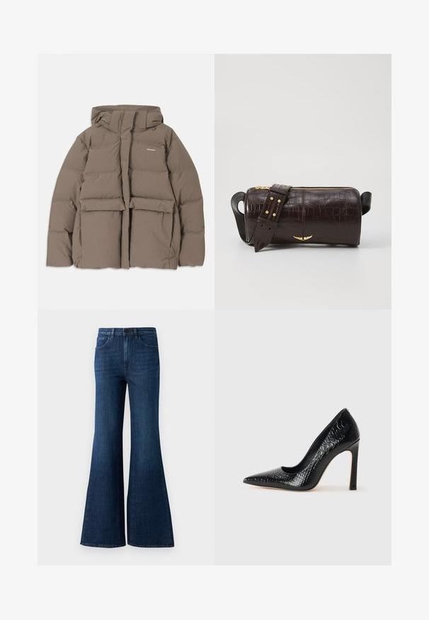 Brown puffer jacket with a hood, featuring a front zipper, two large front pockets, and a smooth matte texture. Brand logo on chest.; Long-sleeve, light beige top with a round neckline. Made of soft fabric, features a central seam and slightly curved hem. No visible hardware.; Dark blue high-waist flared jeans with front button, zipper, and five-pocket design on a white background.; Black pointed-toe high heel shoe with a crocodile-skin texture, featuring a sleek design, high stiletto heel, and smooth black interior.; Brown crocodile-embossed leather bag with a cylindrical shape, gold-tone hardware, and a detachable strap featuring studs.