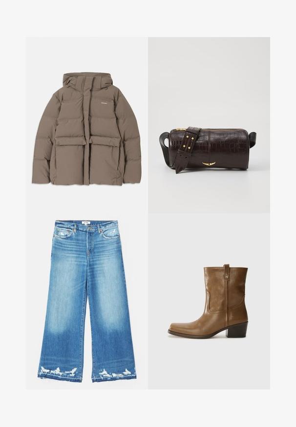 Brown puffer jacket with a hood, featuring a front zipper, two large front pockets, and a smooth matte texture. Brand logo on chest.; Long-sleeve, light beige top with a round neckline. Made of soft fabric, features a central seam and slightly curved hem. No visible hardware.; RE/DONE PALAZZO - Wide Leg - minerva; Brown leather ankle boot with a square toe, textured finish, and a low stacked heel. Features a rear pull tab and subtle stitching details.; Brown crocodile-embossed leather bag with a cylindrical shape, gold-tone hardware, and a detachable strap featuring studs.