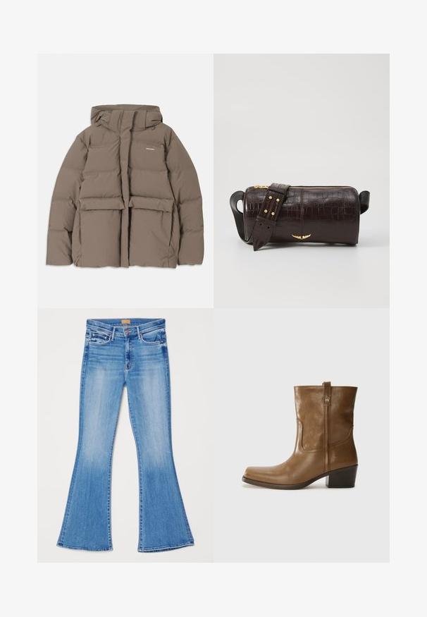 Bruine pufferjack met capuchon, voorzien van een ritssluiting aan de voorkant, twee grote voorzakken en een gladde matte textuur. Merklogo op de borst.; Langsleeve, lichtbeige top met een ronde halslijn. Gemaakt van zachte stof, heeft een centrale naad en een iets gebogen rand. Geen zichtbare hardware.; Lichtblauwe denim flared jeans met een hoge taille, vijf zakken en contrasterende stiksels. Heeft een gladde, zachte textuur.; Bruine lederen enkelboot met een vierkante neus, gestructureerde afwerking en een lage blokhak. Voorzien van een handige achterste lus en subtiele stikdetails.; Bruine krokodil-embosserende leren tas met een cilindervorm, gouden hardware en een afneembare schouderband met studs.