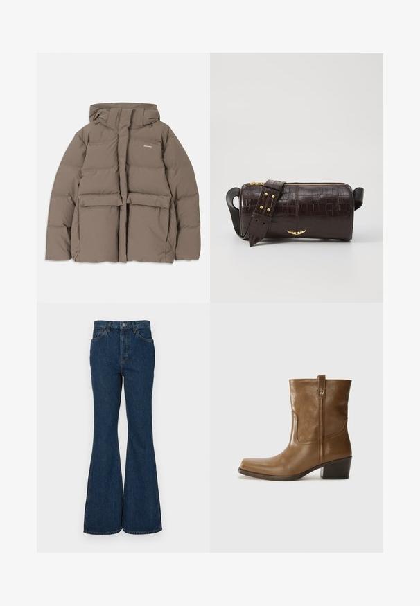 Ruske puffer jakna z kapuco, ki ima sprednji zadrgo, dva velika sprednja žepa in gladko mat teksturo. Logotip blagovne znamke na prsih.; Pitkähihainen, vaaleanbeige paita, jossa on pyöreä kaula-aukko. Valmistettu pehmeästä kankaasta, jossa on keskeinen sauma ja hieman kaareva helma. Ei näkyvää metalliosaa.; Tummansinisiä levennettyjä farkkuja, jotka on valmistettu denimestä. Omaavat korkean vyötärön, viisi taskua ja kontrastiväriset saumat. Hellä pinta ja siisti viimeistely.; Ruske nahkasaappaat nilkkamittaisella leikkauksella, neliönmuotoisella kärjellä, teksturoidulla pinnalla ja alhaisella pinottavalla korolla. Varustettu takana olevan vetotarran ja huomaamattomilla ompeleilla.; Ruskea krokotiilinkuosilla varustettu nahkalaukku, jossa on sylinterimäinen muoto, kultasävyiset yksityiskohdat ja irrotettava hihna, jossa on niittejä.