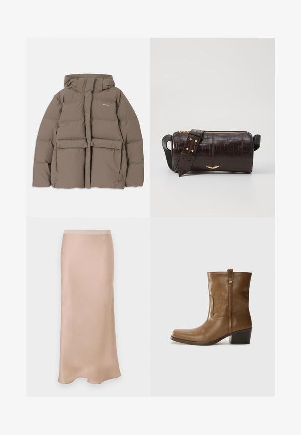 Rudas pūkinis švarkas su gaubtu, su priekiniais užtrauktukais, dviem didelėm priekinėm kišenėm ir lygiu matinio paviršiaus apdailu. Prekės ženklas ant krūtinės.; Juodas topas su plonais spaghetti petnešomis, pagamintas iš rausvos medžiagos, turintis tiesų kirpimą ir etiketę prie iškirpės, ant kurios parašyta "IVY OAK."; Šviesiai smėlio spalvos satino midi sijonas su lygiu paviršiumi. Yra prigludusi juosmens dalis ir subtili A formos silueto linija, lengvai platinanti apatinę dalį.; Rudų odinių batų iki kulkšnies su kvadratiniu pirštu, tekstūruotu paviršiumi ir žemu sluoksniuota pakulne. Yra užpakalinis kilpas ir subtilūs siuvinėjimo detalės.; Ruda krokodilo odspaudo odinė rankinė cilindro formos, su auksinėmis detalėmis ir nuimamu dirželiu, papuoštu studelėmis.