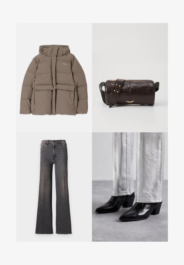 Jachetă puf cu glugă de culoare maro, cu fermoar frontal, două buzunare mari în față și o textură mată fină. Logo-ul brandului pe piept.; Top negru fără mâneci, cu bretele subțiri, fabricat dintr-un material ribat, având o tăietură dreaptă și o etichetă la gât cu textul "IVY OAK."; Jeans negri cu talie înaltă, evazați, cu buton la închidere, buzunare frontale și margini destramate.; Cizme negre din piele cu guler până la gleznă, având vârf ascuțit și toc bloc, asortate cu pantaloni argintii strălucitori, evidențiind texturi elegante și culori contrastante.; Geantă din piele căptușită cu un model de crocodil de culoare maro, cu o formă cilindrică, accesorii de culoare aurie și un curea detasabilă cu tăieturi.