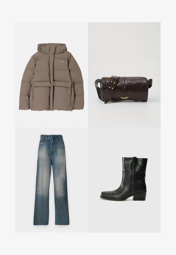 Casaco de puffer castanho com capuz, apresentando um fecho éclair frontal, dois grandes bolsos frontais e uma textura mate suave. Logótipo da marca no peito.; Camisola preta de alças finas em tecido canelado, com corte reto e uma etiqueta no decote que diz "IVY OAK."; Jeans de ganga de perna larga em azul médio, com um efeito desbotado, bainha desfiada e costura em contraste. Design de cinco bolsos com cintura alta.; Bota de tornozelo em couro preto com bico arredondado, salto bloco, fecho lateral e detalhes em costura na parte frontal. Textura suave, design clássico.; Bolsa de couro com textura de crocodilo na cor marrom, com forma cilíndrica, metalizações em tom dourado e uma alça destacável com tachas.