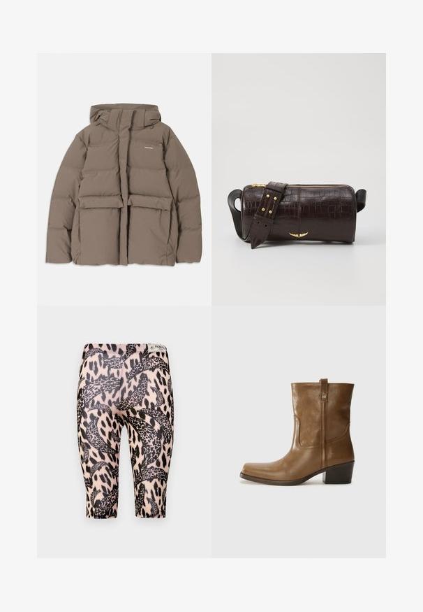 Rudas pūkinis švarkas su gaubtu, su priekiniais užtrauktukais, dviem didelėm priekinėm kišenėm ir lygiu matinio paviršiaus apdailu. Prekės ženklas ant krūtinės.; Juodas topas su plonais spaghetti petnešomis, pagamintas iš rausvos medžiagos, turintis tiesų kirpimą ir etiketę prie iškirpės, ant kurios parašyta "IVY OAK."; Juodos ir kreminės spalvos leggingai su leopardų raštu ir išlenktais raštais. Pagaminti iš elastingos medžiagos, skirti patogumui ir priderinamumui.; Rudų odinių batų iki kulkšnies su kvadratiniu pirštu, tekstūruotu paviršiumi ir žemu sluoksniuota pakulne. Yra užpakalinis kilpas ir subtilūs siuvinėjimo detalės.; Ruda krokodilo odspaudo odinė rankinė cilindro formos, su auksinėmis detalėmis ir nuimamu dirželiu, papuoštu studelėmis.